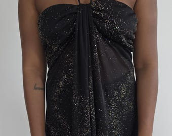 Top halter brillante Y2K MKM Designs / Blusa negra transparente drapeada, talla grande