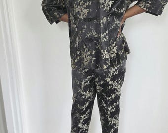 Vintage 1960s Alfred Shaheen Pajama Suit | Black Metallic Floral Brocade Lounge Set