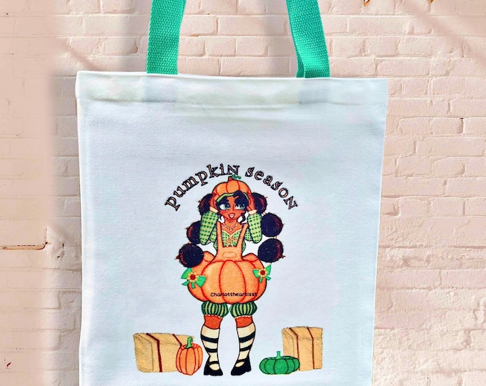 Pumpkin Season Original Art Tote Bag – Fall Aesthetic Accessory – (Youth Artist Charlotte) Autumn Illustration