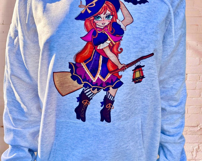 Happy Halloween Wendy the Lantern Witch Original Art Hoodie –  Fall Sweatshirt – Youth Artist Charlotte (Unisex Medium)