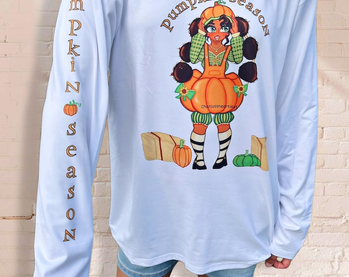 Pumpkin Season Original Art Long Sleeve Tee – Penelope Pumpkin – Fall Aesthetic Shirt (Youth Artist Charlotte)
