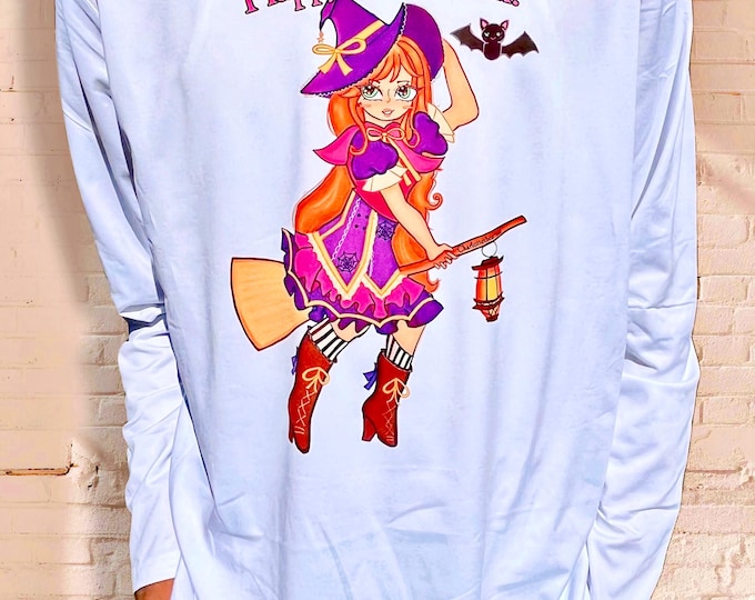 Happy Halloween Wendy the Lantern Witch – Original Art Long Sleeve Shirt – Youth Artist Charlotte – Fall Witch Tee
