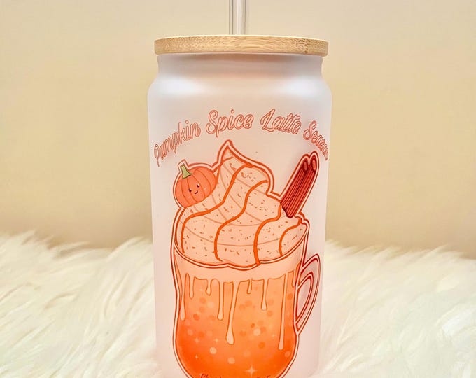 Pumpkin Spice Latte Season Original Art Tumbler – 18 oz Frosted Glass Cup with Bamboo Lid – Youth Artist Charlotte
