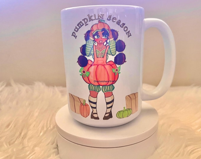 Pumpkin Season Original Art Coffee Mug – Fall Aesthetic 15 oz Drinkware – (Youth Artist Charlotte)