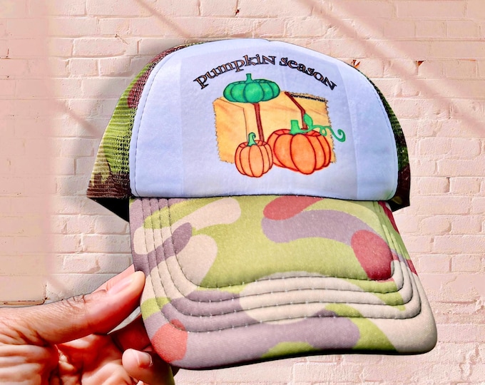 Pumpkin Season Trio Original Art Camo Trucker Hat – Fall Aesthetic Snapback – (Youth Artist Charlotte)