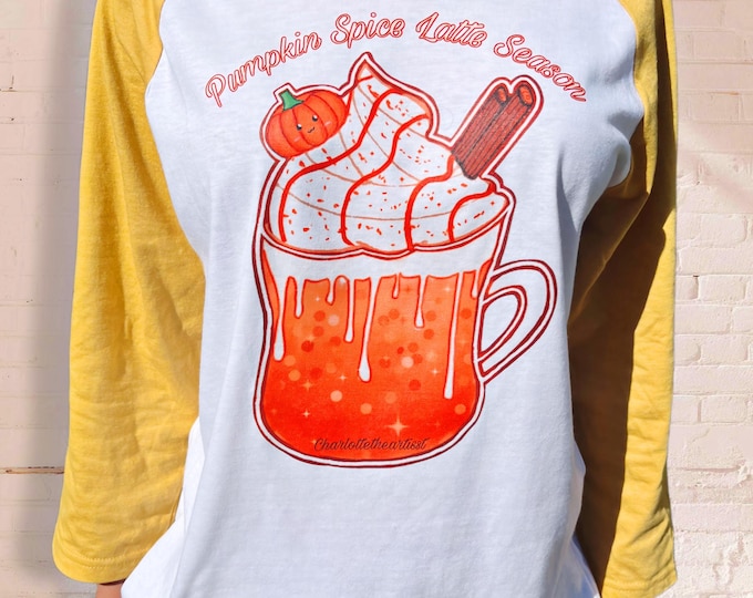 Pumpkin Spice Latte Season Raglan Tee – (Youth Artist Charlotte) Fall Art Apparel (Medium)