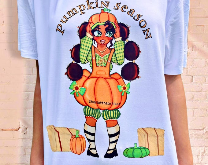 Pumpkin Season Original Art T‑Shirt – Penelope Pumpkin Fall Harvest Tee – (Youth Artist Charlotte) (Small)