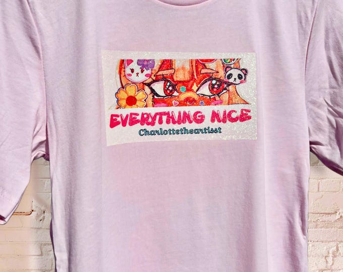 Mizuki Everything Nice Original Art Glitter T‑Shirt – Kawaii Pastel Graphic Tee – Youth Artist Charlotte (Small)