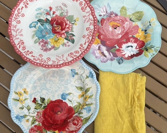 Platos de ensalada Pioneer Woman, juego desigual, Fancy Flourish\ Sweet Romance Blossoms\ Sweet Rose