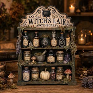Può includere: Uno scaffale da speziale in legno verde scuro con l'etichetta WITCH'S LAIR APOTHECARY, dotato di tre ripiani pieni di flaconi in vetro, erbe essiccate, un piccolo calderone, un mortaio, una zucca bianca, funghi e cristalli.