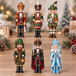 May include: A set of six decorative nutcracker figurines featuring diverse characters including a king with a crown and sceptre, a drummer, a Bavarian figure with a pretzel, a forest traveller with a lantern, a dark knight with a sword, and an ice king.