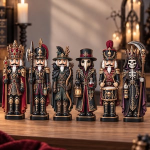 May include: A set of six decorative nutcracker figurines featuring dark, gothic-inspired designs. The figures include a king with a scepter, a soldier with a halberd, an archer, a plague doctor with a lantern, a drummer, and a skeleton figure with a scythe.
