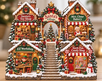 Santa's Village Wooden Block, North Pole Decor, Elf Workshop , Mrs Claus Bakery, Christmas Tabletop Display, Christmas Gift