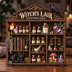 Può includere: Uno scaffale da speziale in legno con l'etichetta Witch's Lair Apothecary che presenta un corvo nero, un gatto nero, barattoli di vetro con etichette come Moon Water, Lavender e Belladonna, libri, una sfera di cristallo, una bilancia e cristalli.