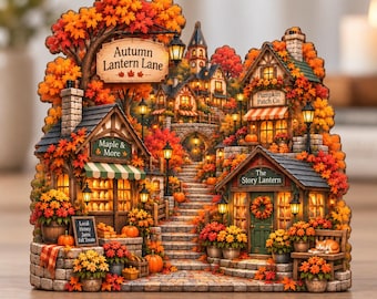 Herbstliche Laternenallee aus Holz, Herbstdorf-Dekoration, Kürbis-Regaldekoration, gemütliches Landhaus-Tischdeko, Geschenk für Herbstliebhaber