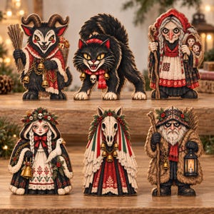 Puede incluir: Un conjunto de seis figuras decorativas de madera con personajes inspirados en el folclore, incluyendo una criatura con cuernos, un gato negro, una anciana, una niña con un pájaro blanco, una figura con cabeza de calavera y una persona barbuda con linterna.