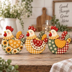 May include: Three decorative wooden chicken figurines featuring closed eyes and red combs. Each chicken displays distinct patterns including sunflowers, yellow gingham, red floral prints, and green daisy motifs with white, yellow, and red color palettes.