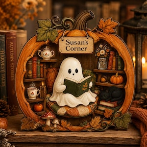 Bloc de lecture en bois personnalisé « Fantôme de lecture », décoration automnale personnalisée pour coin lecture, objet douillet à poser sur une étagère pour les amoureux des livres, cadeau d'automne pour les lecteurs