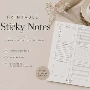 Peut inclure: Bloc-notes imprimables avec un design minimaliste. Le texte sur la page comprend des sections pour les repas, le nettoyage et les priorités. L'image comprend également une tasse de café, un stylo et le texte "Téléchargement instantané" et "Imprimer à la maison."
