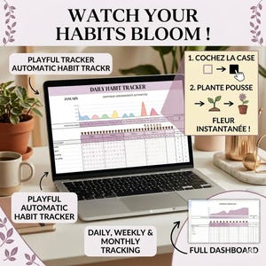 Peut inclure: Un ordinateur portable affiche un suivi d'habitudes numérique avec le texte "WATCH YOUR HABITS BLOOM!". L'écran montre une mise en page de calendrier avec des options de suivi quotidien, hebdomadaire et mensuel. Le texte supplémentaire comprend "PLAYFUL TRACKER AUTOMATIC HABIT TRACKR".