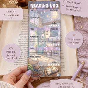 Peut inclure: Journal de lecture esthétique avec une illustration d'une pièce chaleureuse avec des livres, un chat et une tasse de café. Le journal comprend des sections pour le titre, la citation préférée et l'évaluation. Le texte dit "Reading Log".