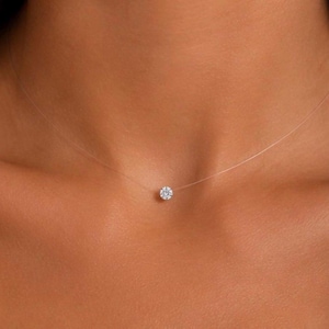 Invisible Necklace Floating Diamond Necklace, Minimalist Fishing Line Necklace, Sterling Silver Solitaire Gift for Her
