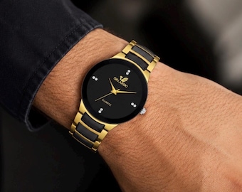 Mens Luxury Gold Black Watch Minimalist Wrist Watch for Men Quartz Dress Watch Elegant Gift for Him Modern Watch