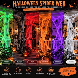 May include: A set of Halloween spider web decorations in six colours: green, black, red, orange, purple, and white. Each section displays the web draped over a porch with black plastic spiders attached, accompanied by pumpkins and skeletons.