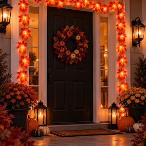 May include: A black front door decorated with a fall wreath featuring orange and white pumpkins, surrounded by a string of glowing maple leaf lights. Two black lanterns with lit candles and potted orange chrysanthemums sit on the porch.