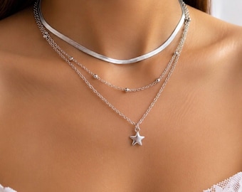 Gelaagde zilveren kettingenset, 3-laagse ketting, ketting met sterhanger, slangenketting, minimalistische sieraden, cadeau voor haar