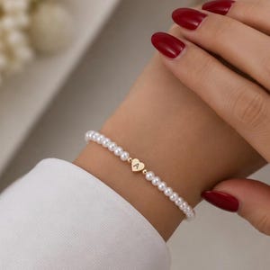 Personalized Pearl Initial Bracelet, Gold Heart Letter Bracelet, Custom Name Jewelry