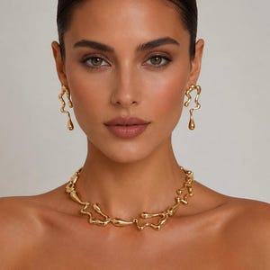 Sculptural Gold Jewelry Set, Organic Statement Necklace & Drop Earrings, Abstract Modern Jewelry, Unique Gift for Her