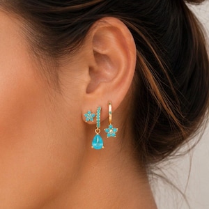 Gold Flower Earring Set, CZ Huggie Hoop Earrings, Dainty Ear Stack, Crystal Drop Earrings, Minimalist Jewelry Gift for Women