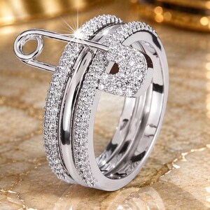 Luxury Safety Pin Ring for Women, Gold Pavé CZ Statement Ring, Stainless Steel Stack Ring, Elegant Gift Jewelry