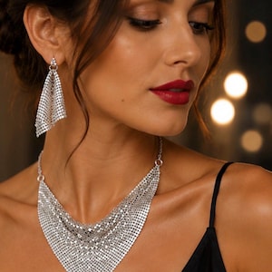Statement Mesh Necklace Set, Gold Silver Black Bib Necklace with Matching Earrings, Elegant Evening Jewelry Gift for Women