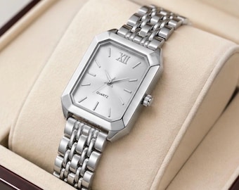 Orologio da donna in argento, orologio minimalista con bracciale, elegante orologio da polso per donna, regalo di lusso per lei, orologio rettangolare al quarzo
