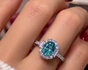 Anello con moissanite color verde acqua, anello di fidanzamento con alone ovale, anello in argento certificato, anello Art Déco di grande impatto, gioiello da matrimonio alternativo e unico