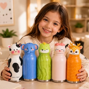Puede incluir: Cinco botellas de agua de acero inoxidable con tapas con forma de animales. De izquierda a derecha: una vaca blanca y negra, un elefante azul, una criatura verde, un gato rosa con lazo y un ciervo naranja. Cada botella incluye el texto CHICU TOM.