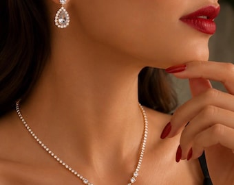 Gold Bridal Necklace Set, Crystal Drop Earrings, Wedding Jewelry