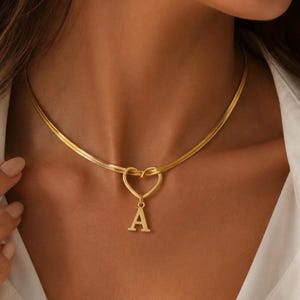 Personalized Initial Heart Necklace, Gold Letter Necklace, Herringbone Chain, Custom Initial Jewelry, Gift for Her, Birthday Gift