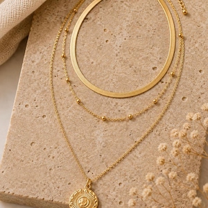 Gelaagde zilveren/gouden kettingenset, ketting met munthanger in zonnestraalmotief, minimalistische gelaagde sieraden, subtiele choker, cadeau voor haar afbeelding 4