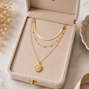 Gelaagde zilveren/gouden kettingenset, ketting met munthanger in zonnestraalmotief, minimalistische gelaagde sieraden, subtiele choker, cadeau voor haar afbeelding 8