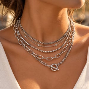 Silver Layered Necklace Set, 5 Piece Stainless Steel Silver Plated Chain Necklace, Toggle Clasp, Stackable Jewelry Gift for Her