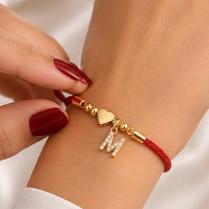 Personalized Red String Bracelet, Gold Initial Bracelet, Lucky Charm Bracelet, Adjustable Gift for Her, Custom Jewelry