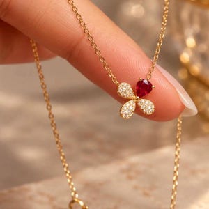 Ruby Red Flower Necklace, 925 Sterling Silver Gold Tone Pendant, Dainty Floral Jewelry