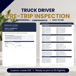 May include: A digital Truck Driver Pre-Trip Inspection checklist template. The document features sections for vehicle details, inspection instructions, and a comprehensive list of components including exterior, lights, engine, brakes, and interior.