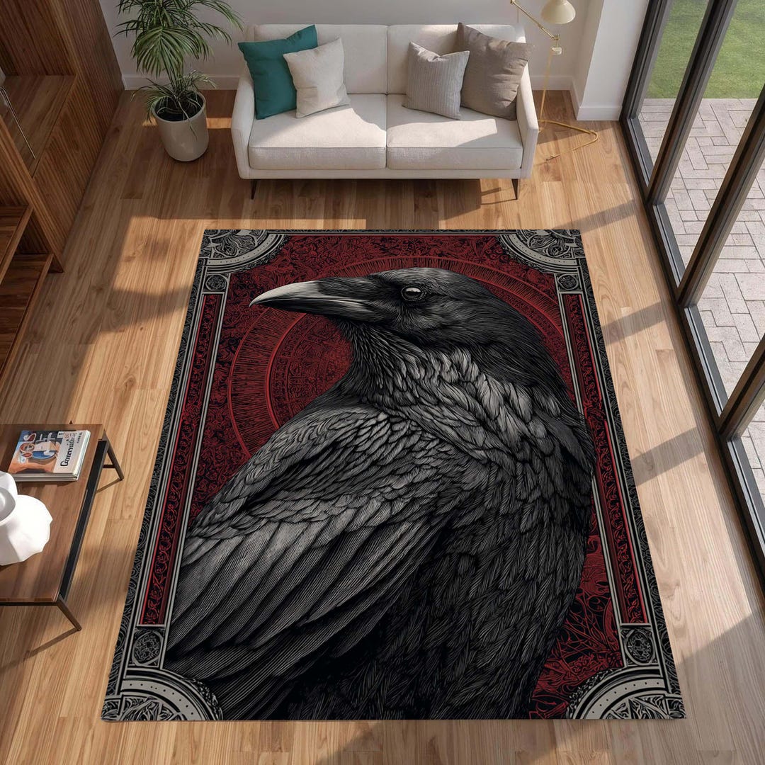 Gothic Raven Rug With Ankh and Pentagram Symbols, Black Gothic Decor - Etsy
