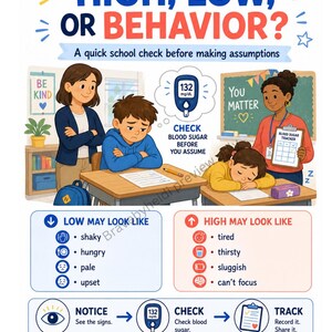 May include: An educational poster titled HIGH, LOW, OR BEHAVIOR? A quick school check before making assumptions. It features illustrations of students and teachers, a blood sugar monitor reading 132 mg/dL, and lists symptoms for low and high blood sugar.