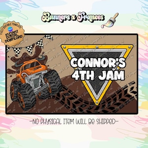 May include: A digital party banner template featuring an orange monster truck, black and white checkered pennants, and a yellow triangular road sign with the text CONNOR'S 4TH JAM. The design includes mud splatters and tire tracks.