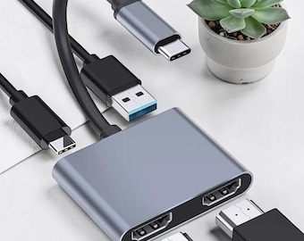 USB C Dual HDMI Adapter 4K 60Hz, USB 3.0 Hub, 100W pd (Gray)